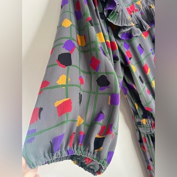 Vintage 80s Diane Freis Georgette Dress L XL Long Sleeves Gray Geometric Pattern - Picture 4 of 14